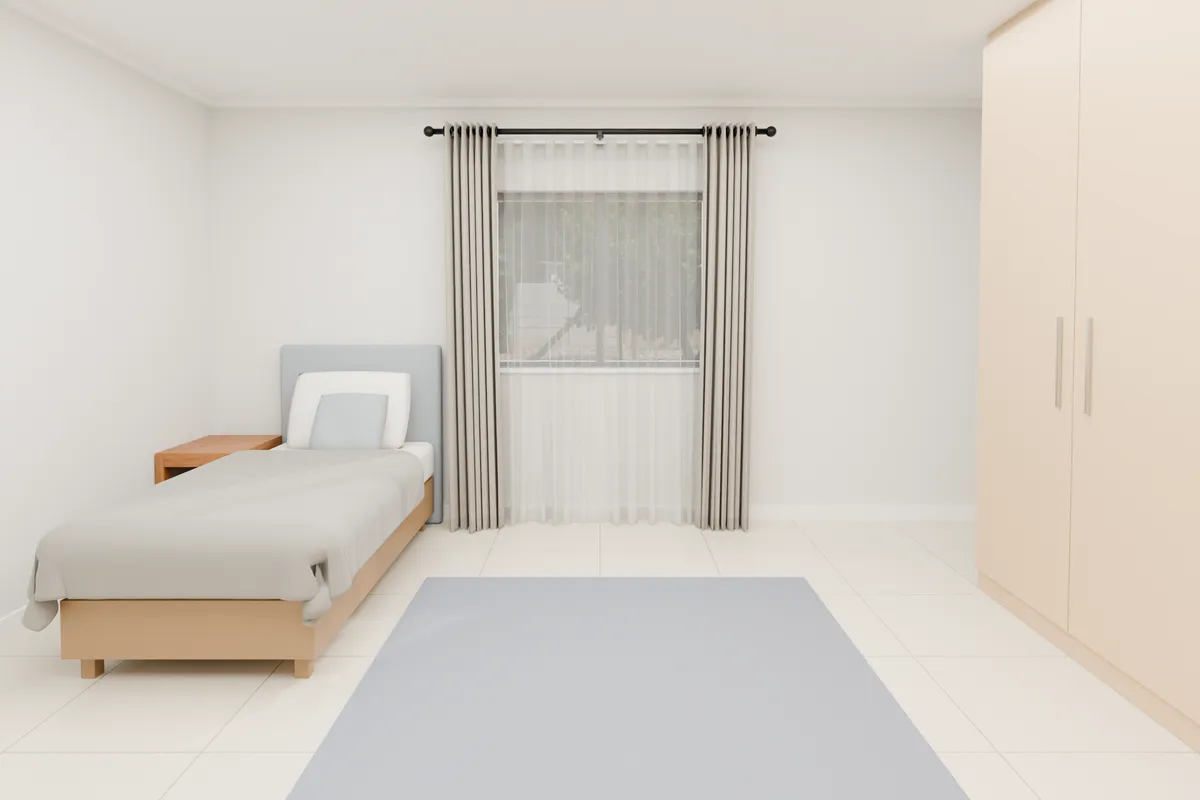 Eyelet curtains, sheer and blockout, stone. Bedroom window.