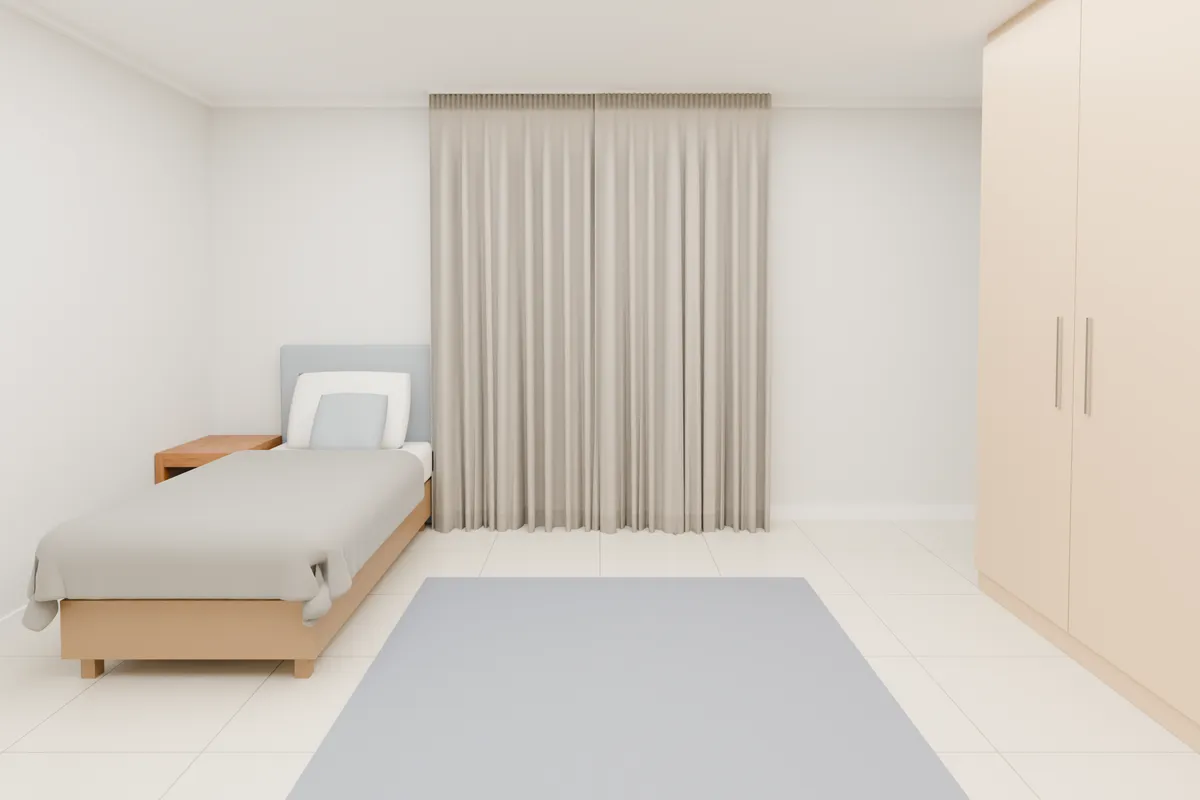 Pencil pleat curtains, blockout, stone. Bedroom window.