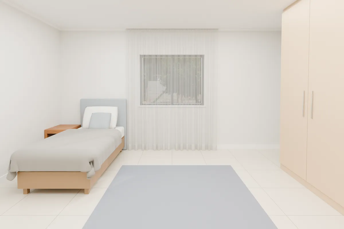 Pencil pleat curtains, sheer. Bedroom window.