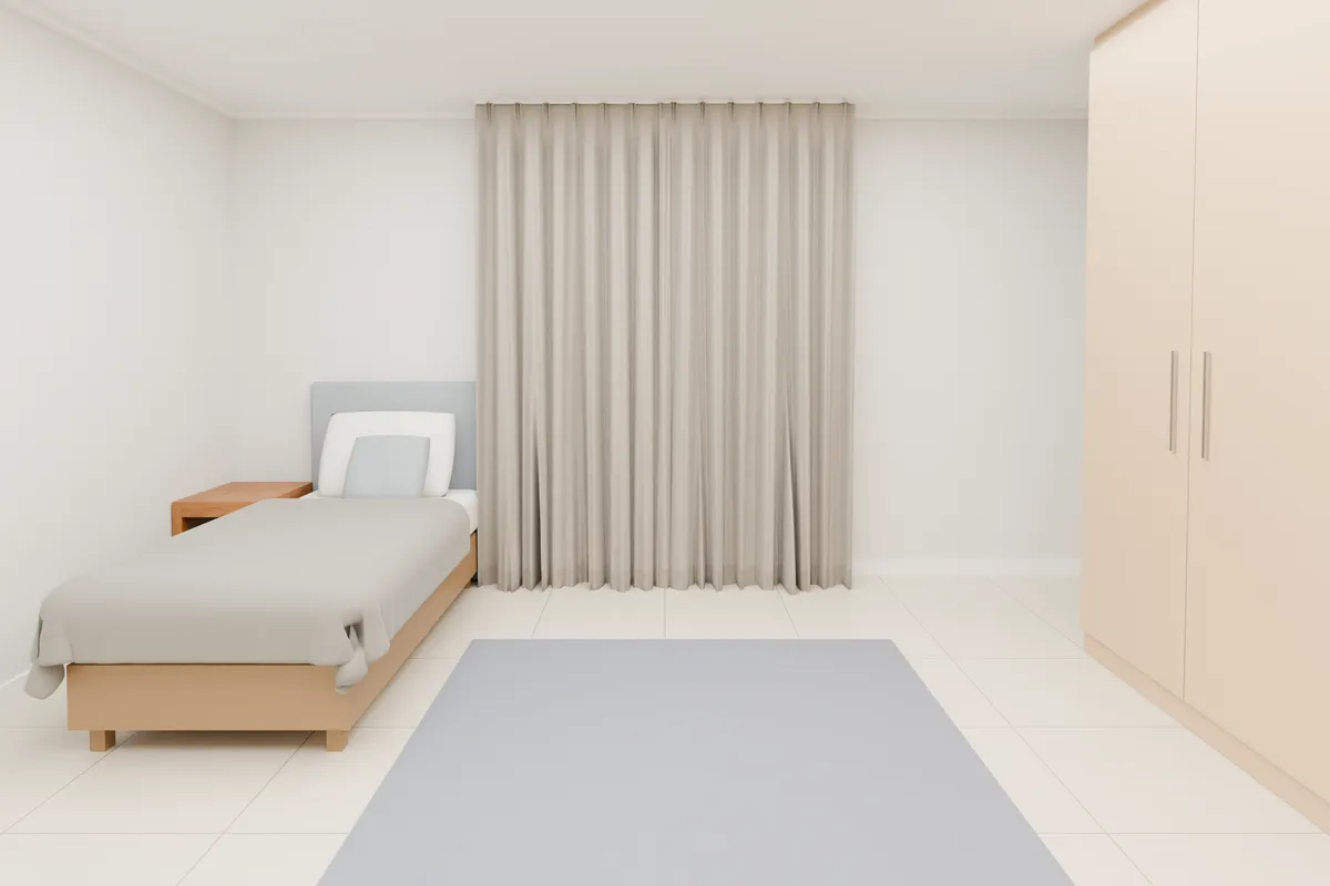 Pinch pleat curtains, blockout, stone. Bedroom window.