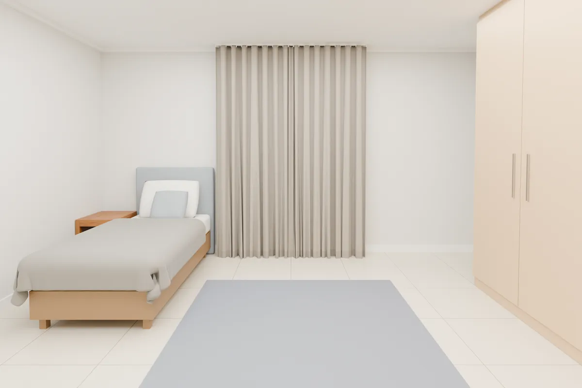 Wave curtains, blockout, stone. Bedroom window.