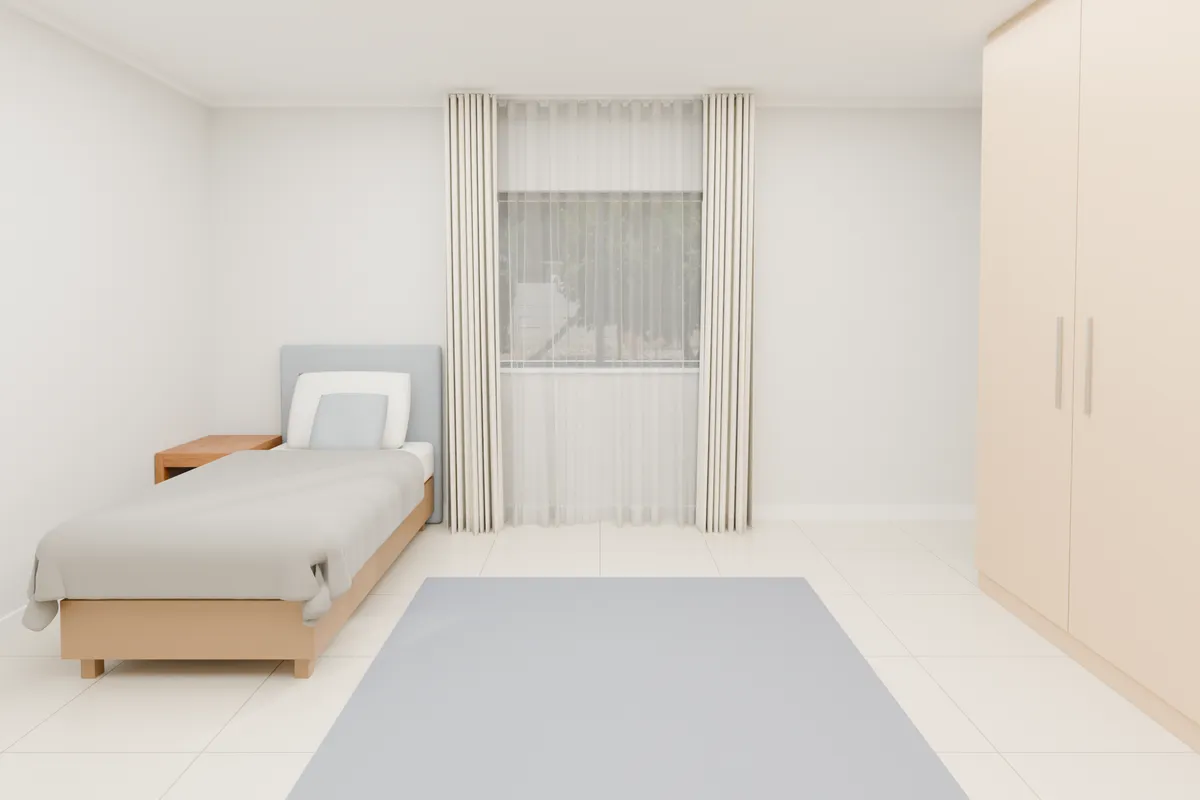 Wave curtains, sheer and blockout, ivory. Bedroom window.