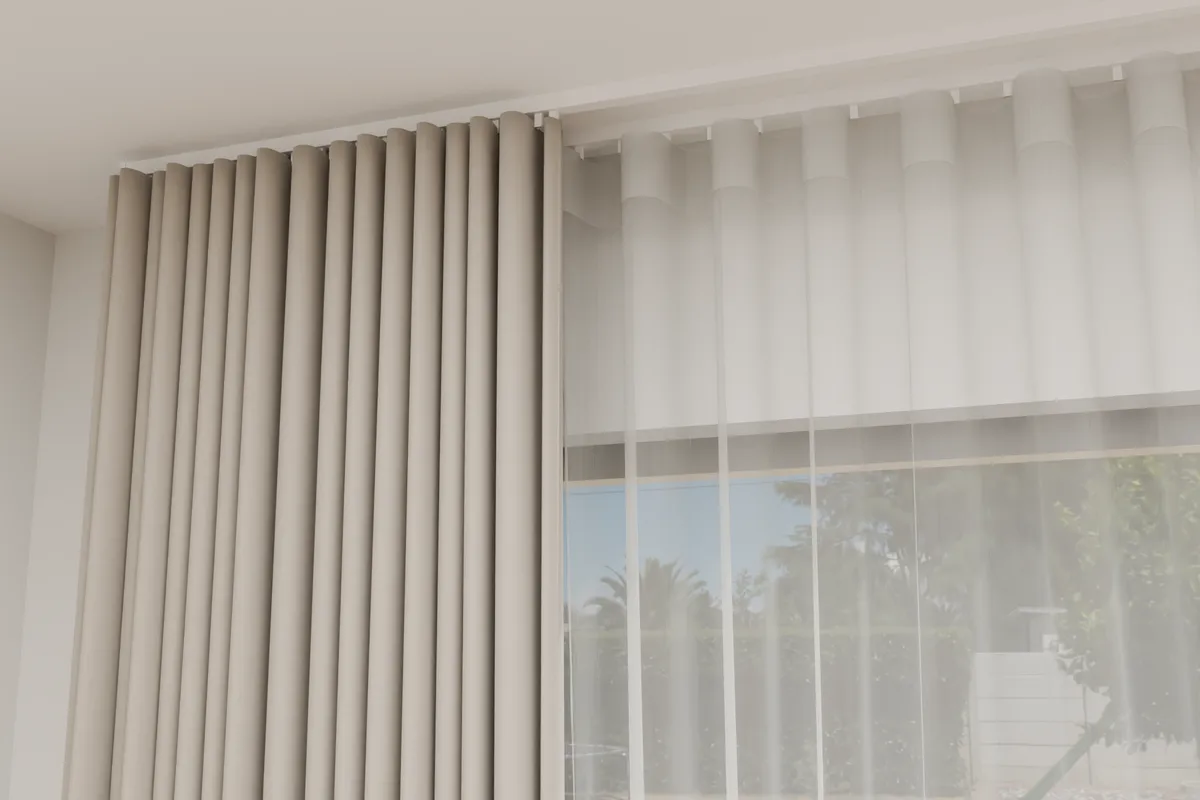 The top of a wave curtain close up, with the track it hangs from marked