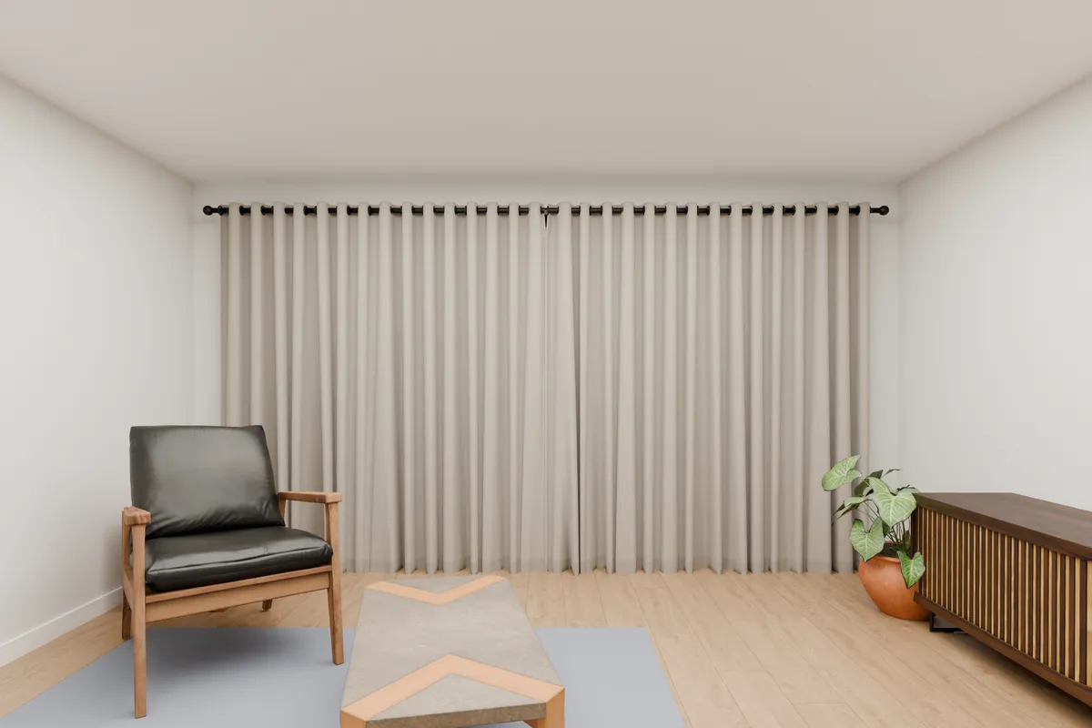 Eyelet curtains, blockout, stone. Sliding door.