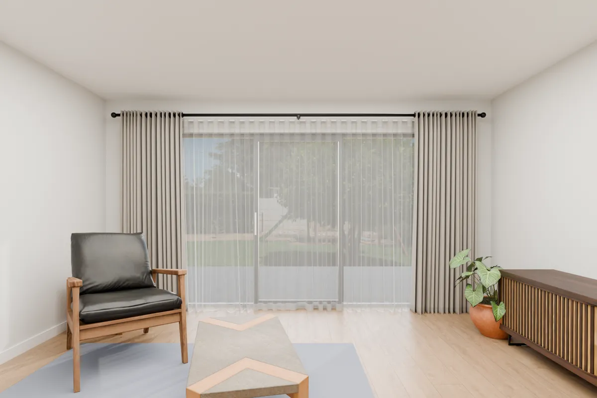 Eyelet curtains, sheer and blockout, stone. Sliding door.