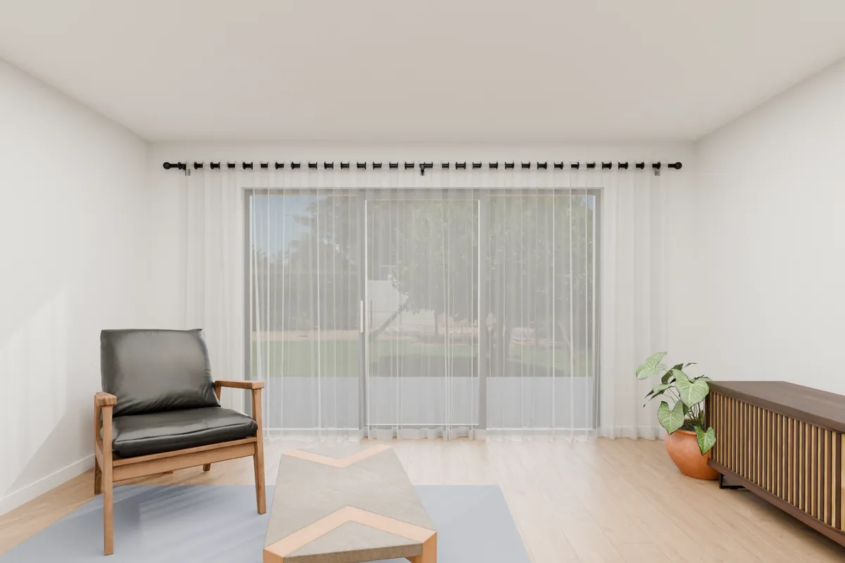 Eyelet curtains, sheer. Sliding door.