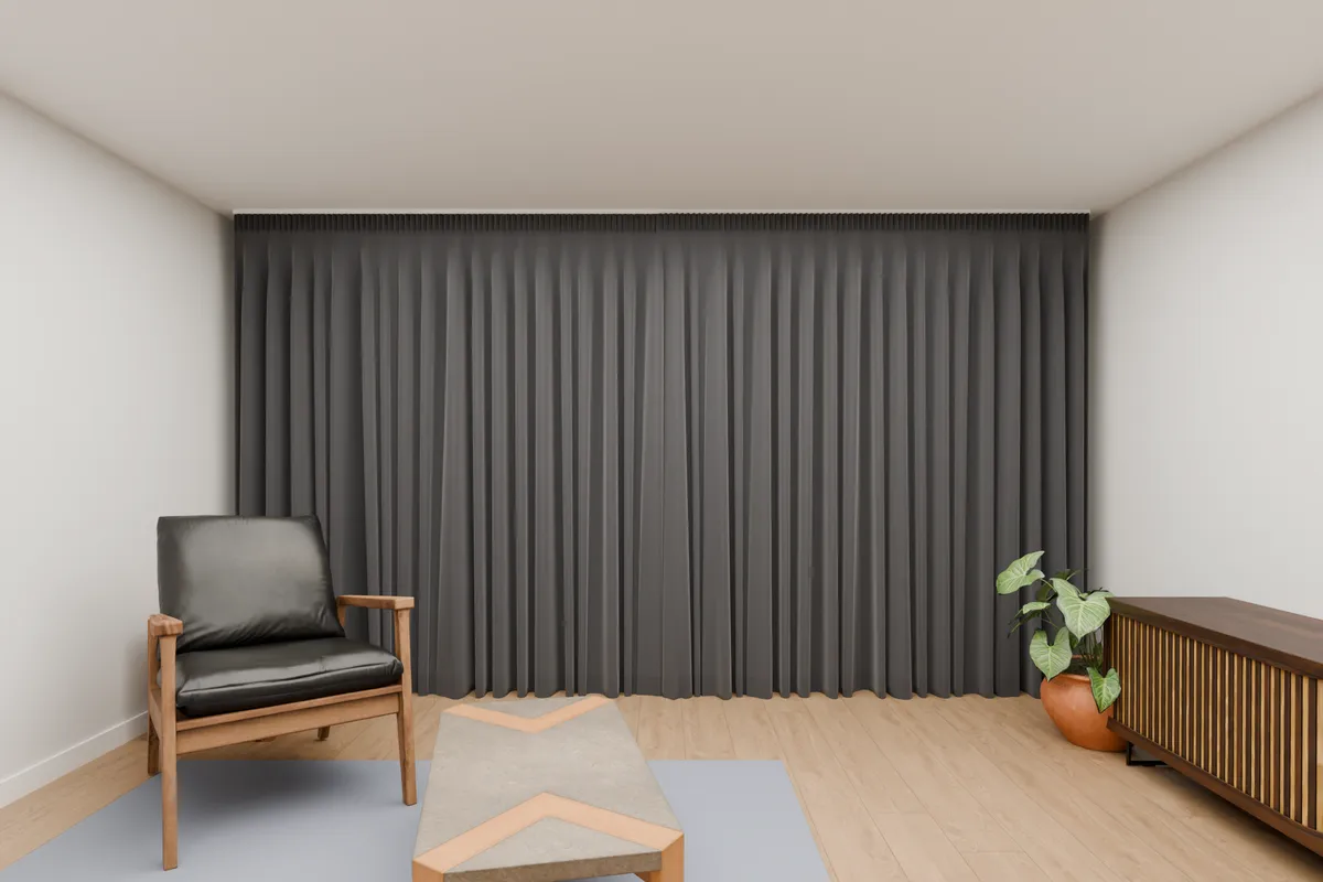 Pencil pleat curtains, blockout, charcoal. Sliding door.