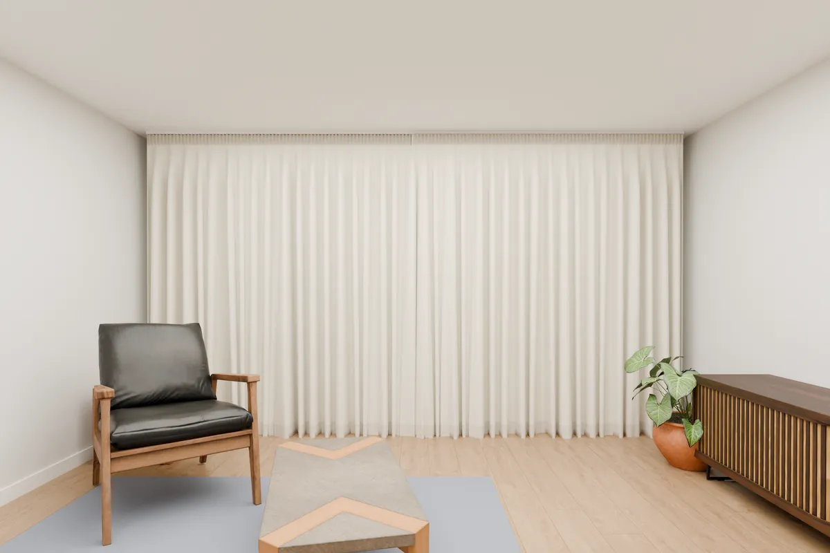 Pencil pleat curtains, blockout, ivory. Sliding door.
