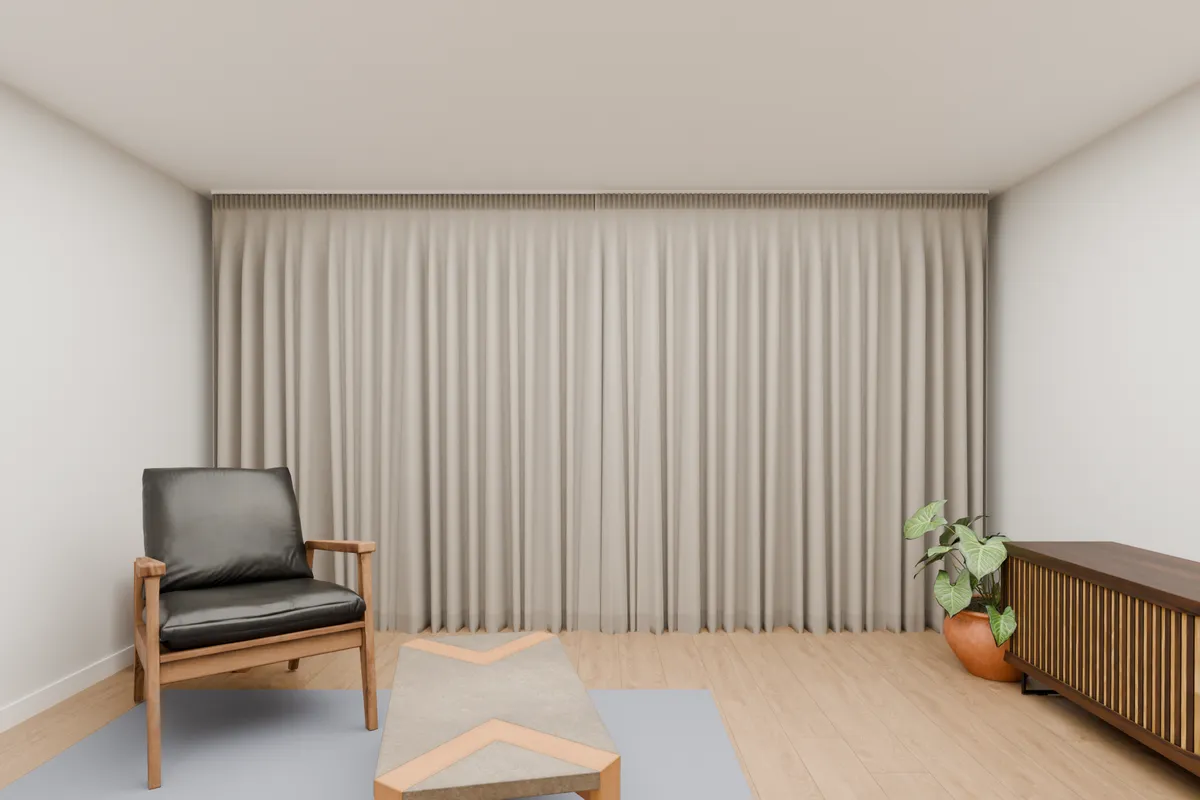 Pencil pleat curtains, blockout, stone. Sliding door.