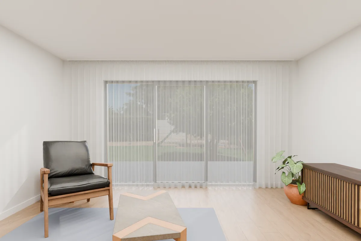 Pencil pleat curtains, sheer. Sliding door.