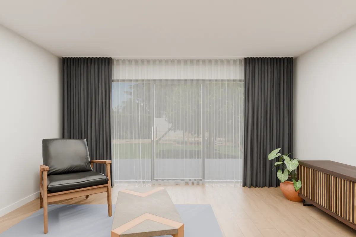 Pinch pleat curtains, sheer and blockout, charcoal. Sliding door.