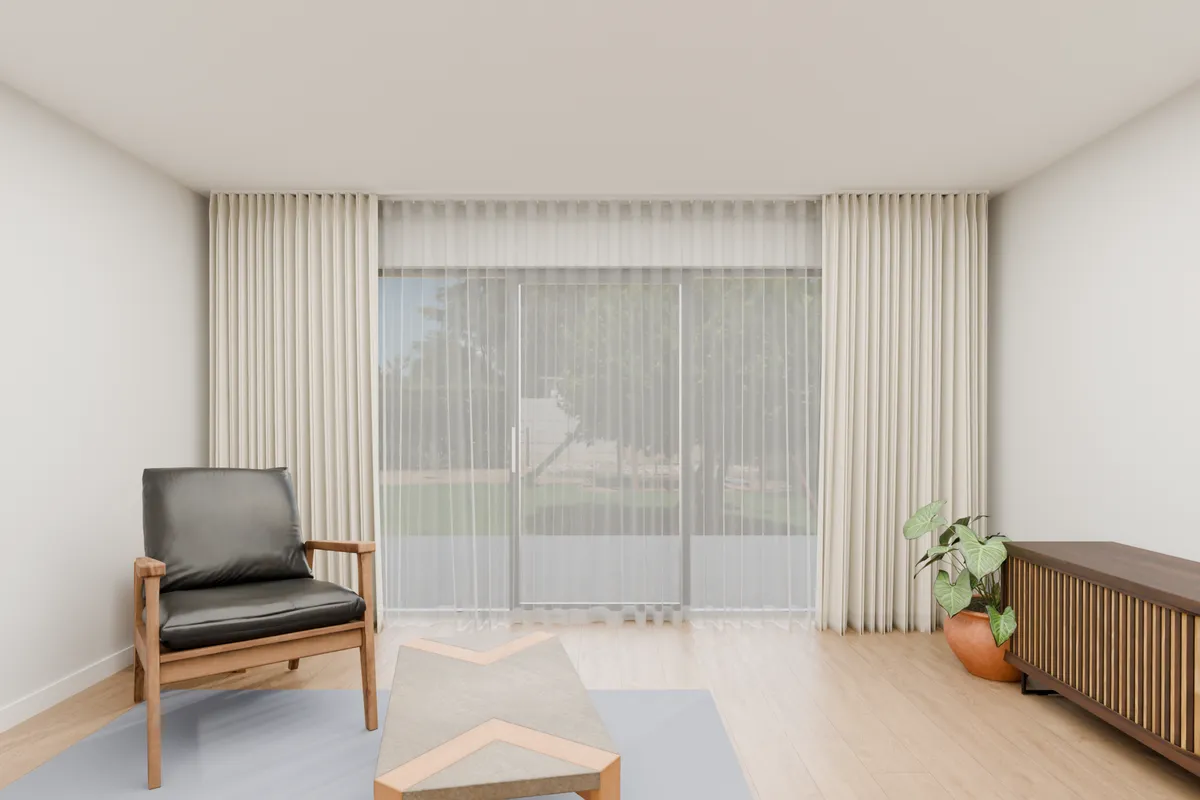 Pinch pleat curtains, sheer and blockout, ivory. Sliding door.