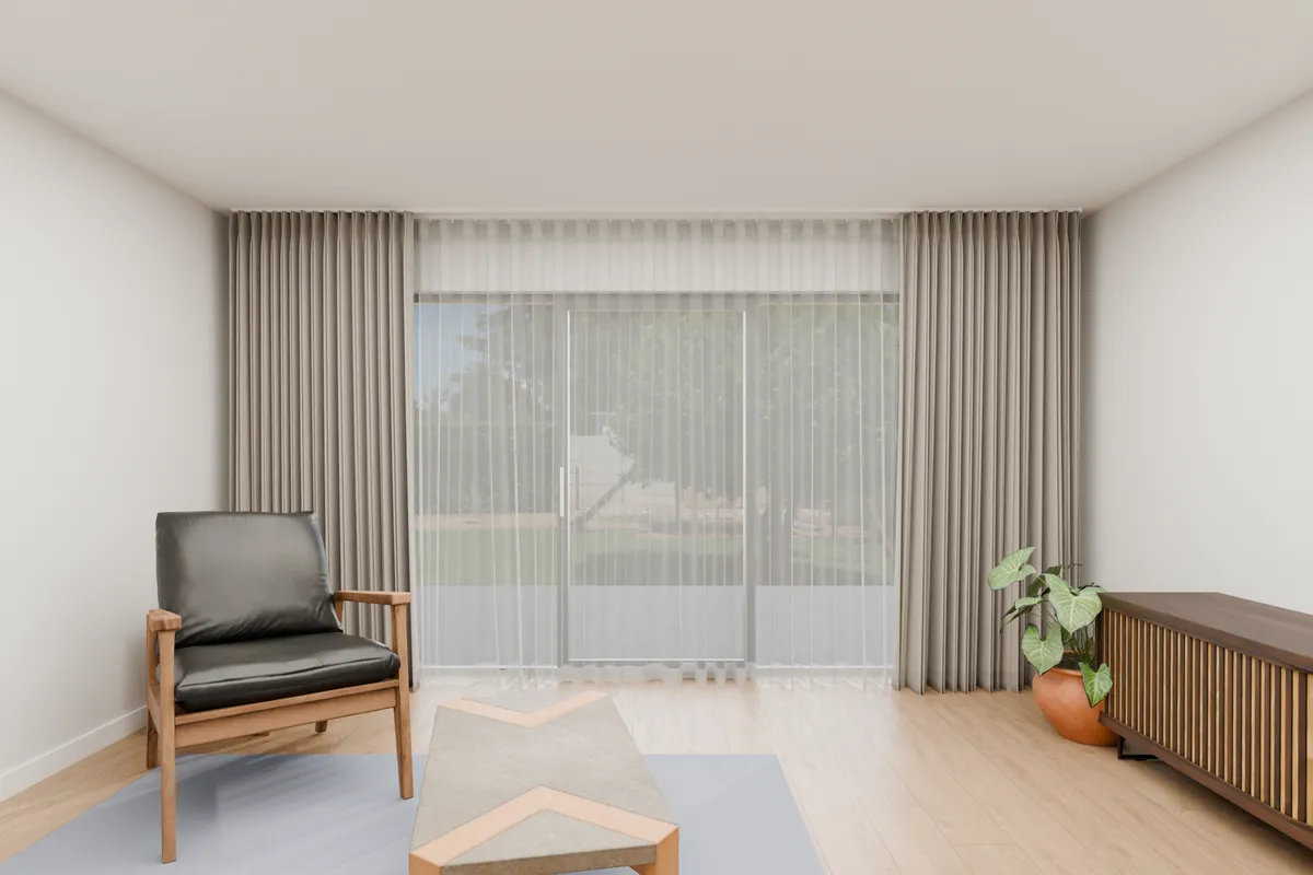 Pinch pleat curtains, sheer and blockout, stone. Sliding door.