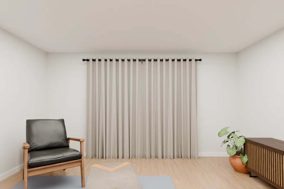 Eyelet curtains, blockout, stone. Lounge window.