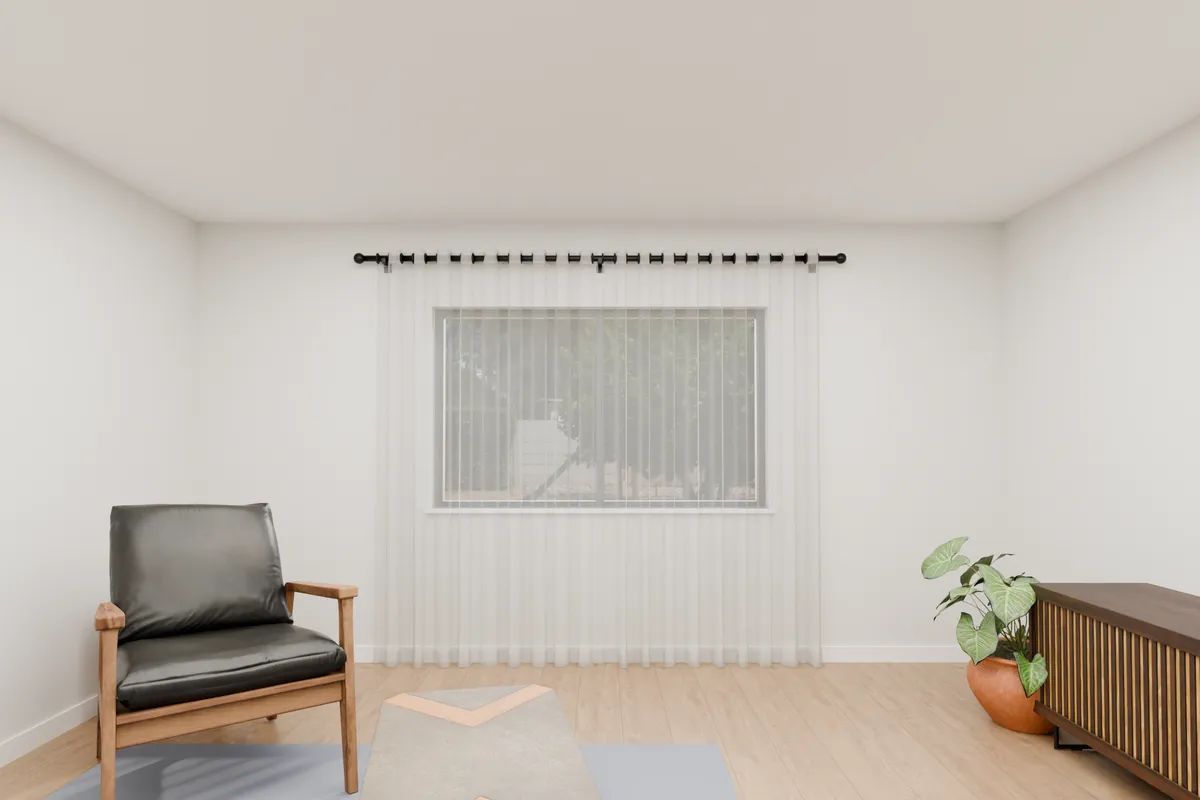 Eyelet curtains, sheer. Lounge window.