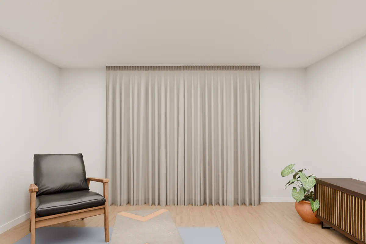 Pencil pleat curtains, blockout, stone. Lounge window.