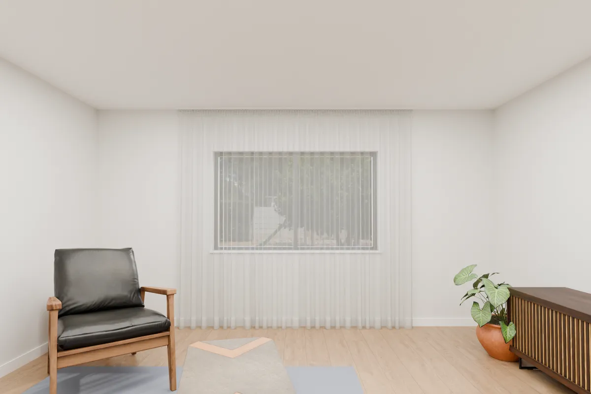 Pencil pleat curtains, sheer. Lounge window.