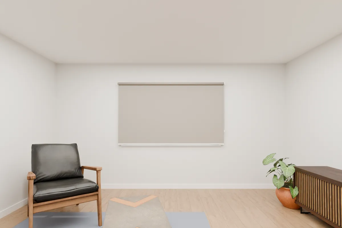 A roller blind fitted on the wall, covering the window opening and the wall round it, outlined