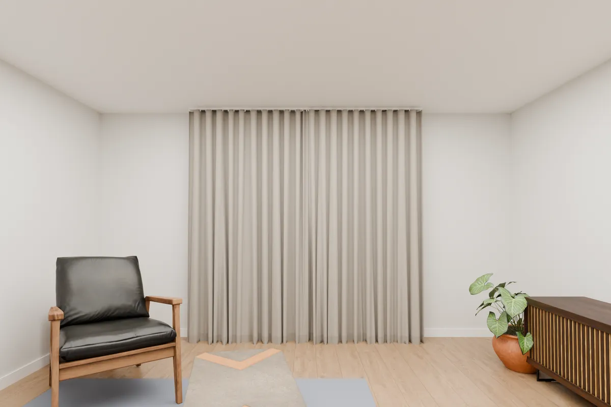 Wave curtains, blockout, stone. Lounge window.
